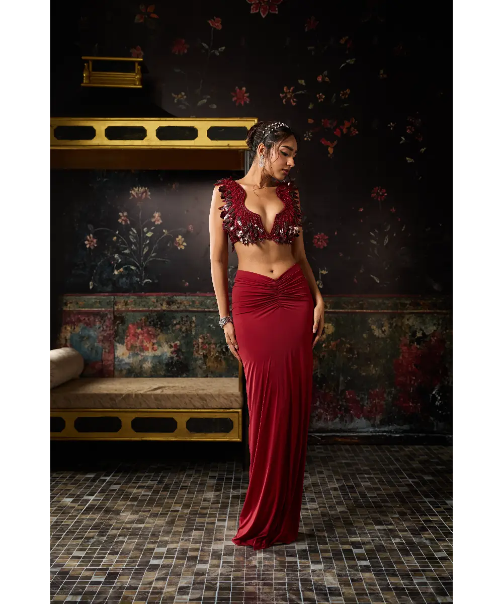 DIYARAJVVIR - DEEP RED CUTWORK BLOUSE WITH DRAPED SKIRT SET